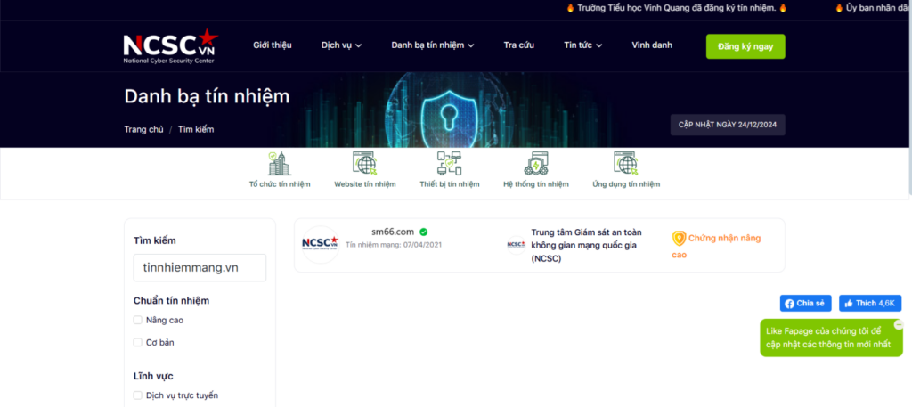 Xác nhận SM66 là một web tín nhiệm 